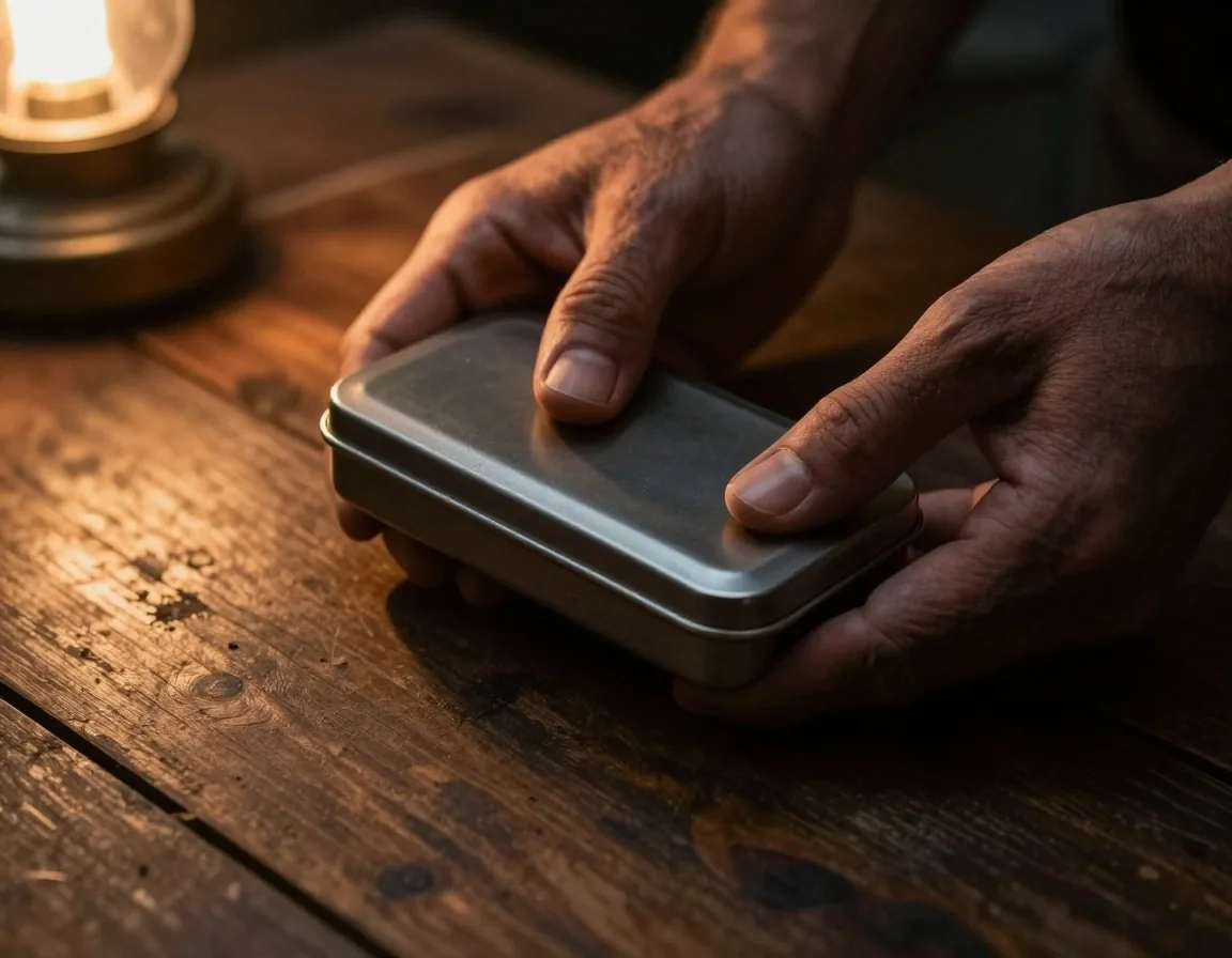 Hands holding a supplement tin on a timber table under warm lamp light