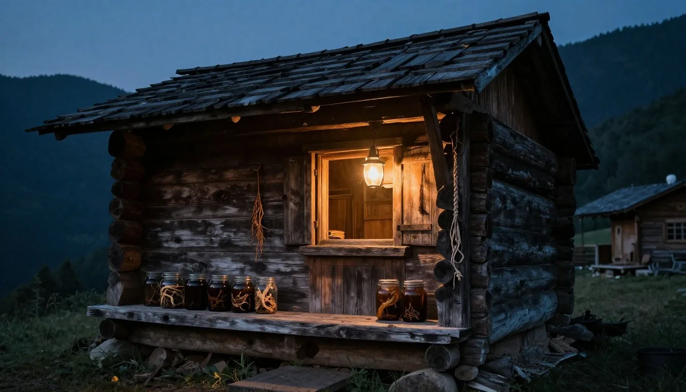 Dark timber hut interior with warm lamp glow