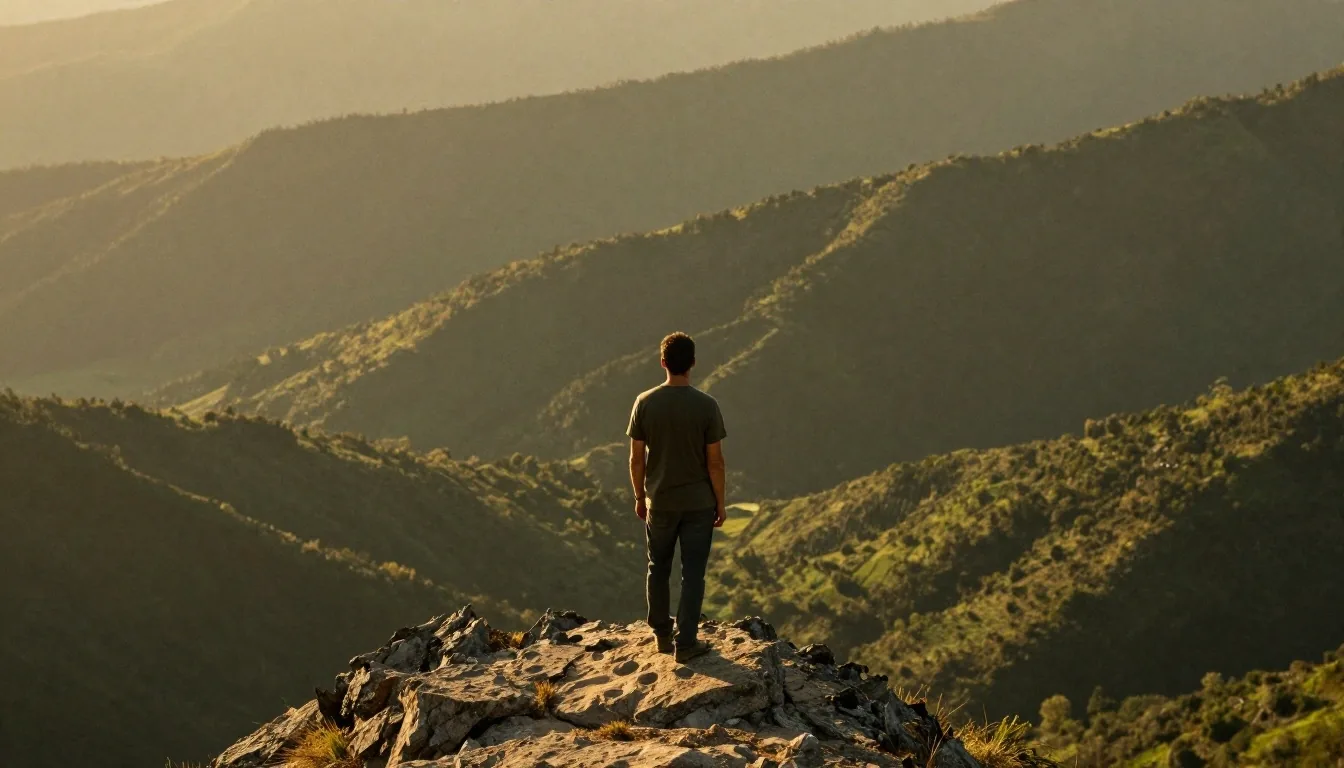 Man on mountain ridge at golden hour
