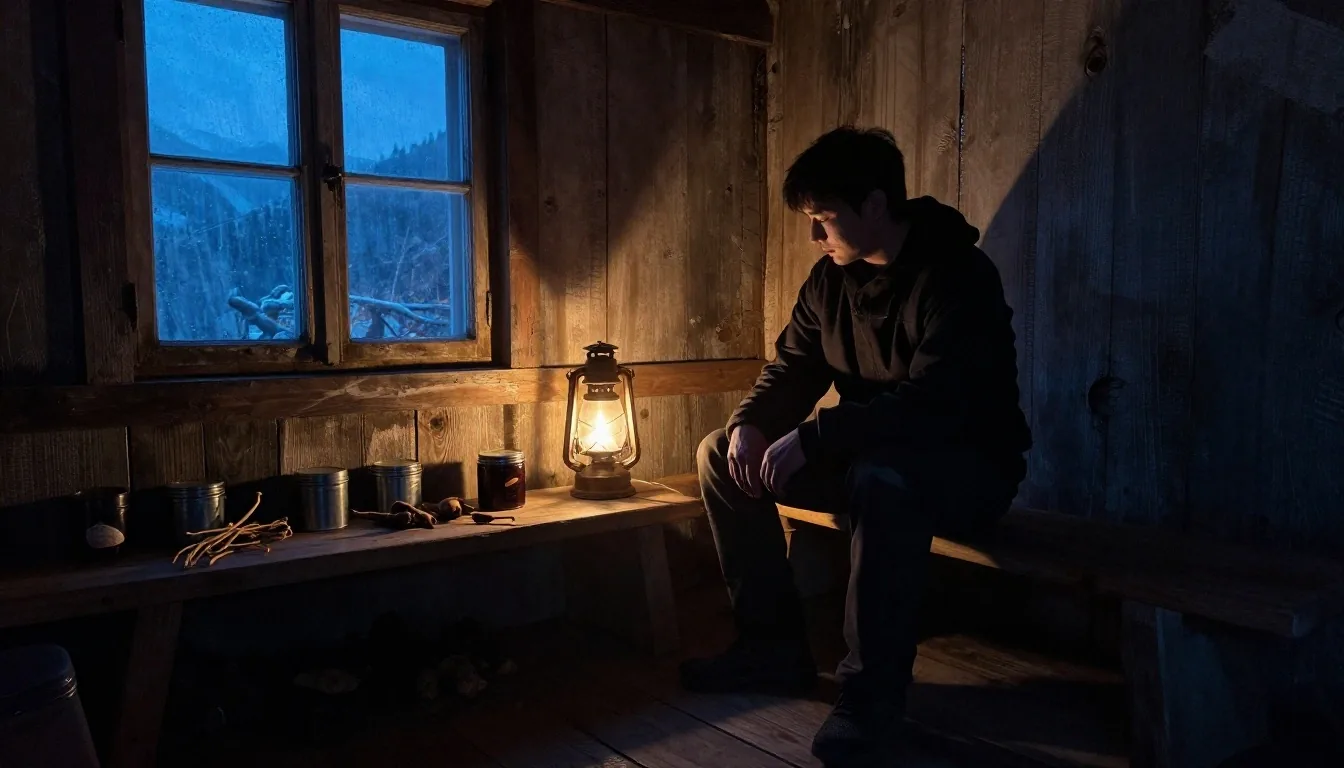 Dark timber hut interior at dusk with warm lamp light