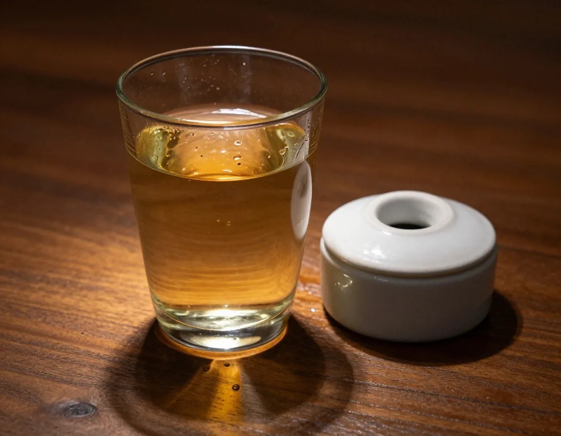 Glass of water and supplement tin on a dark timber table