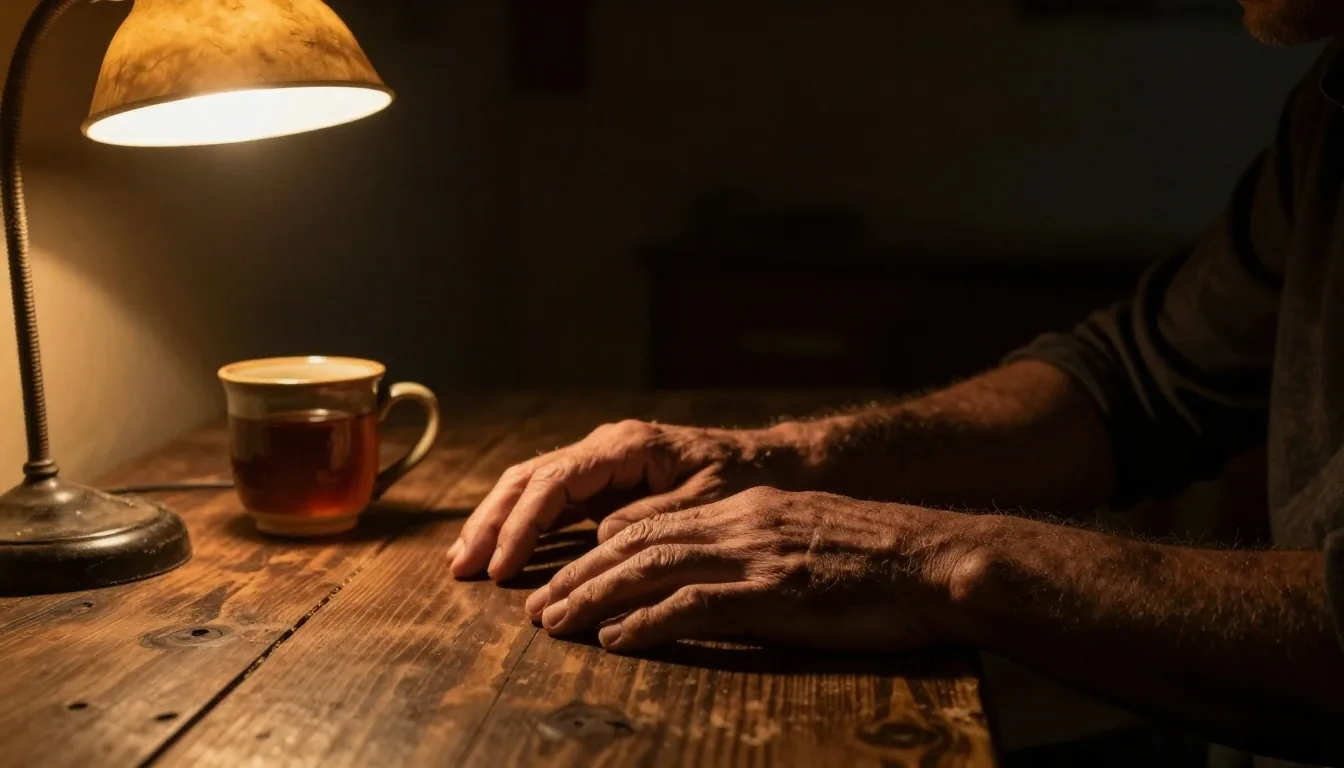 Hands resting on a timber table under warm lamp light