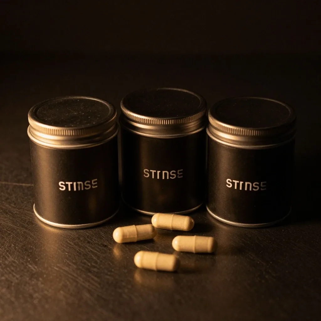VitalMan supplement tins on dark surface
