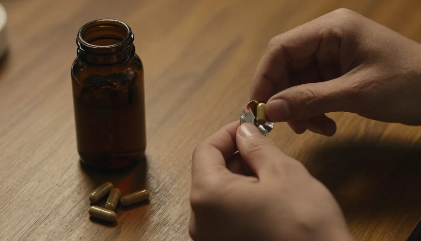 Hands opening a sealed supplement container on a timber table