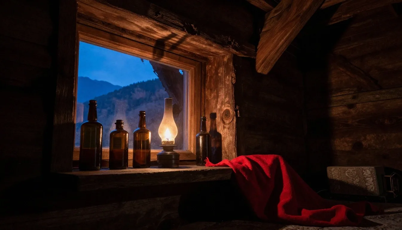 Timber hut interior at dusk with supplement tins on a wooden table