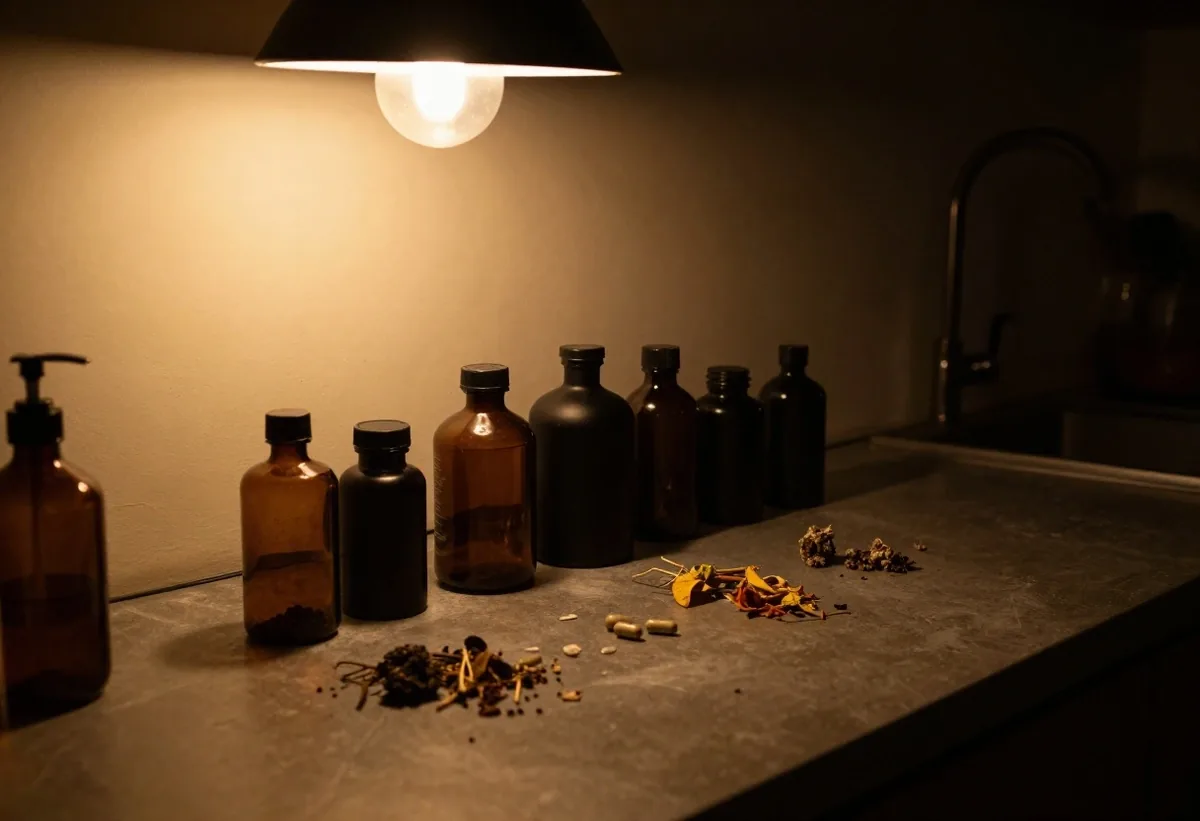 Vitamin and mineral supplement bottles on a dark surface