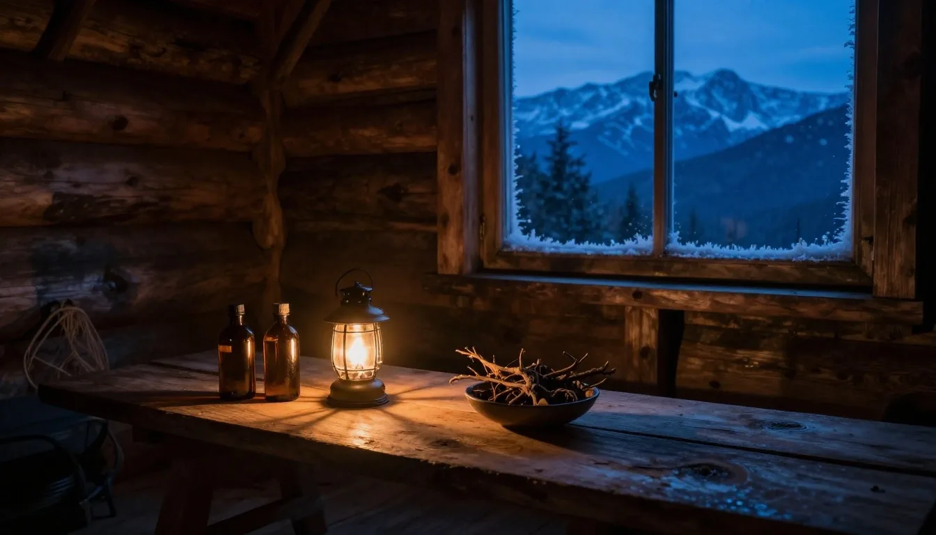 Timber hut interior at dusk with warm lamp light