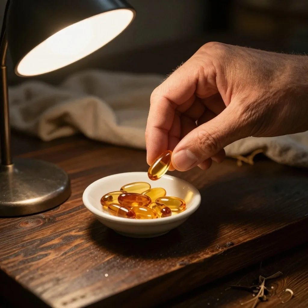 Natural supplement tins on a dark zinc surface under warm lamp light