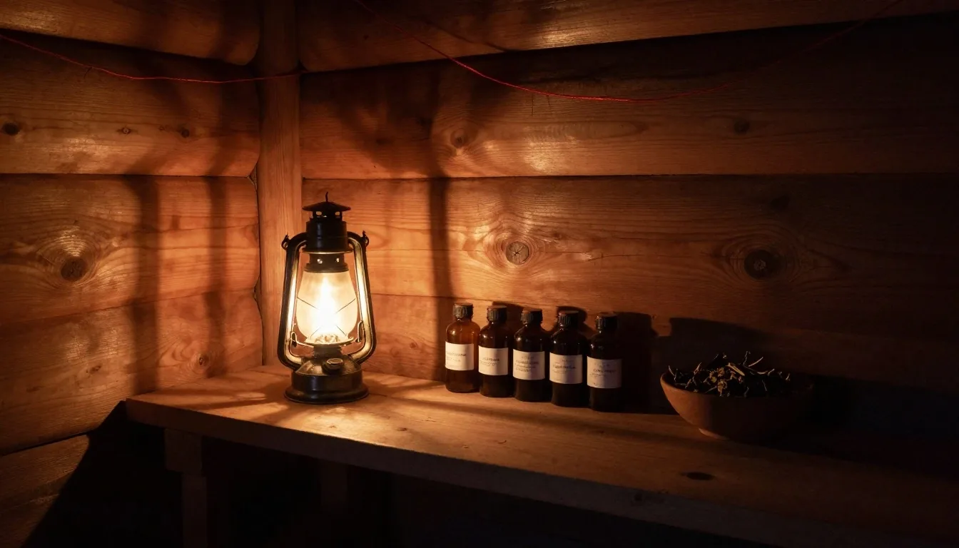 Dark timber hut interior at dusk with warm lamp light