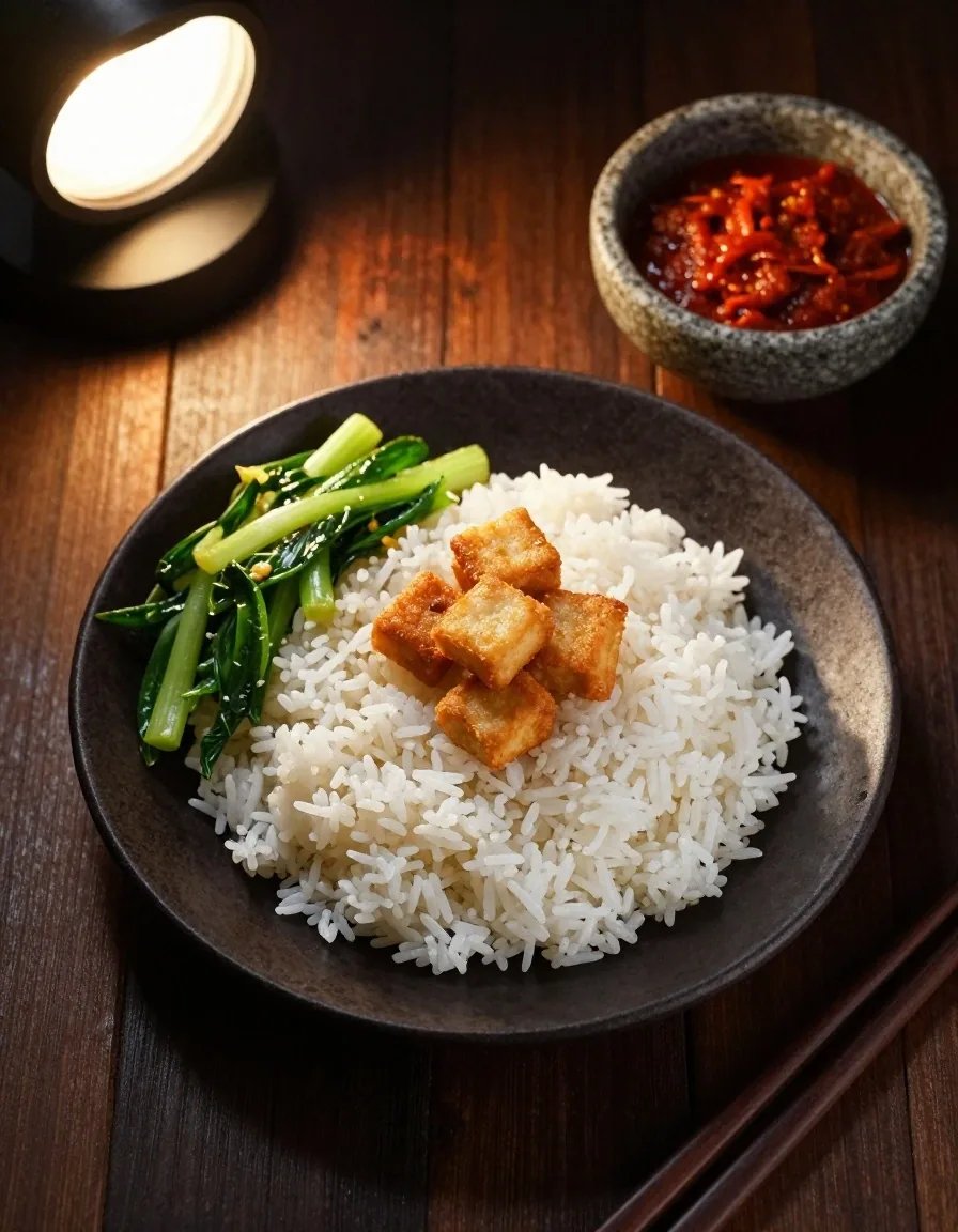 Typical Indonesian meal on a dark timber table